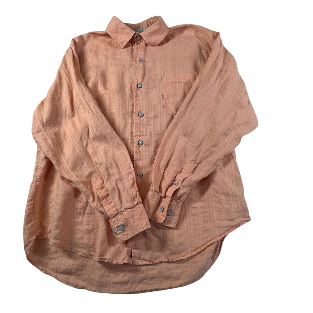 Caribbean Shirt Mens Large Pink‎ Coral Long Sleeve Button Front 100% Linen Blend